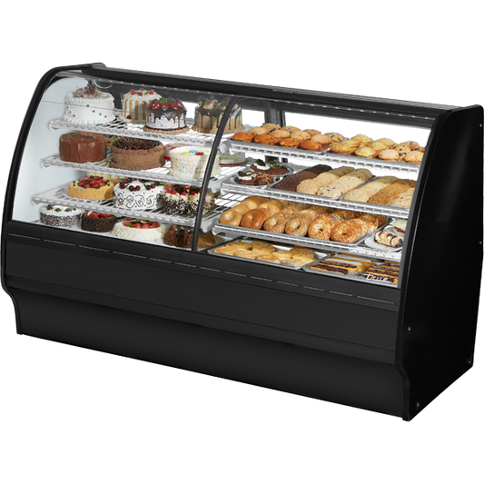 True TGM-DZ-77-SC/SC-B-W Fixed Front Curved Glass, Solid Colored End Dual Zone with Black Exterior and White Interior