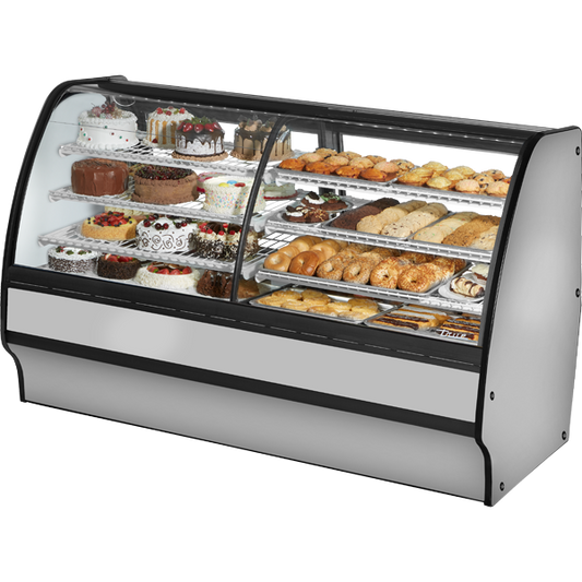 True TGM-DZ-77-SC/SC-S-W Fixed Front Curved Glass, Solid Colored End Dual Zone with Stainless Exterior and White Interior