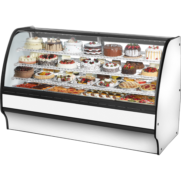 True TGM-R-77-SC/SC-W-W Fixed Front Curved Glass, Solid Colored End Refrigerator with White Exterior and White Interior