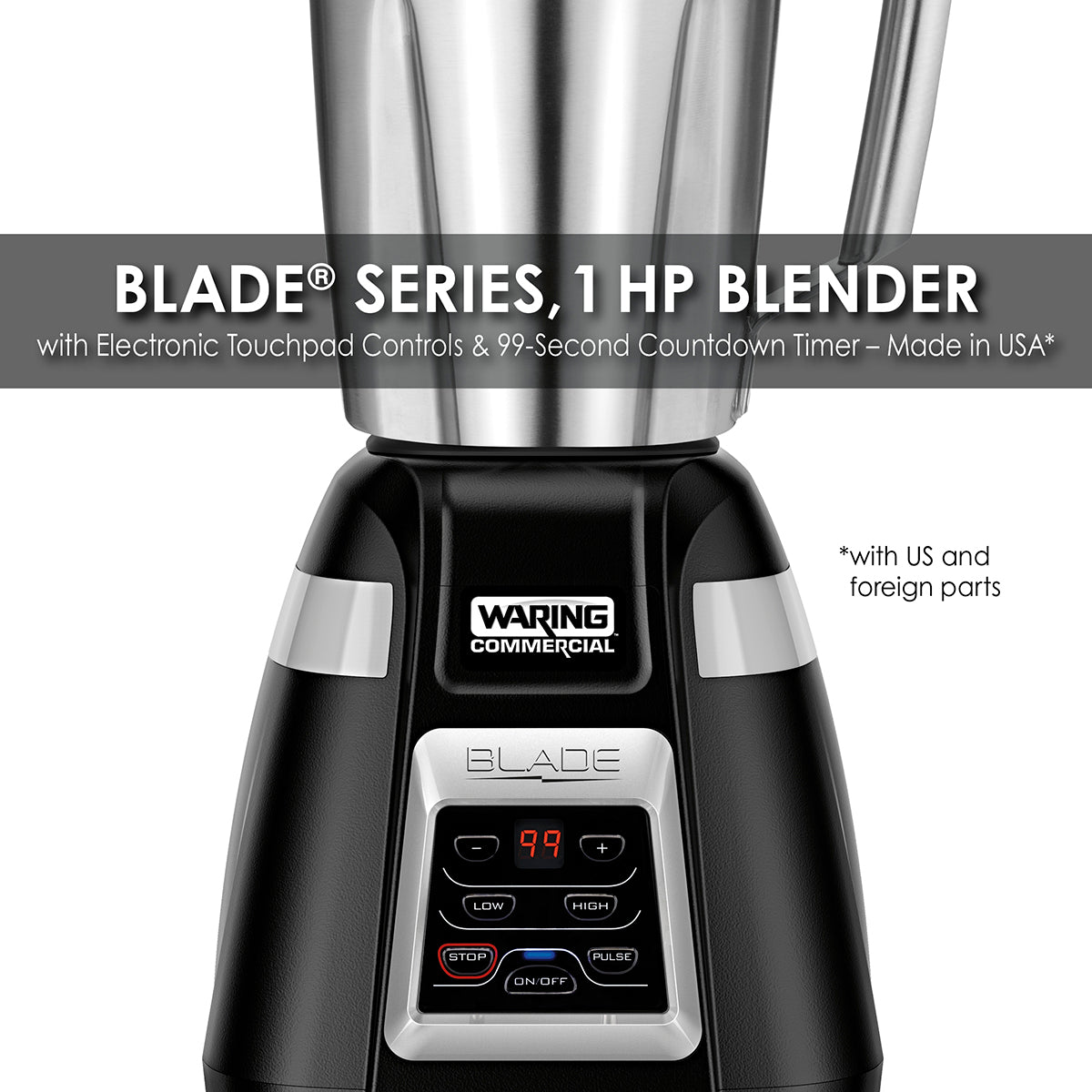 Waring BB340S 1 HP Bar Blender, 2-Speed/Pulse w/ Keypad Controls, 30-Second Timer and 48 oz. Stainless Steel Container