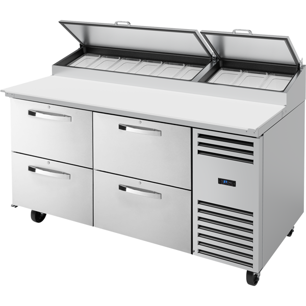 True TPP-AT-67D-4-HC~SPEC3 Solid Drawers Pizza Prep Table with Angled Top Spec Package 3