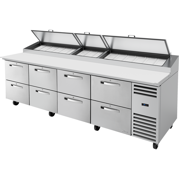 True TPP-AT-119D-8-HC~SPEC3 Solid Drawers Pizza Prep Table with Angled Top Spec Package 3