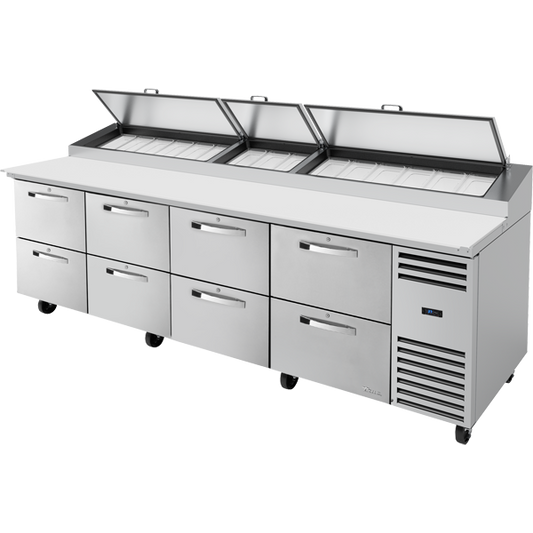 True TPP-AT-119D-8-HC~SPEC3 Solid Drawers Pizza Prep Table with Angled Top Spec Package 3