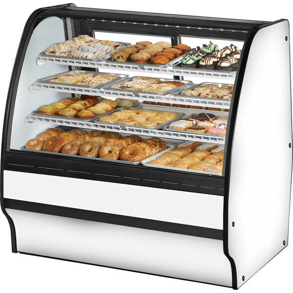 True TGM-DC-48-SC/SC-W-W Fixed Front Curved Glass, Solid Colored End Dry Case with White Exterior and White Interior