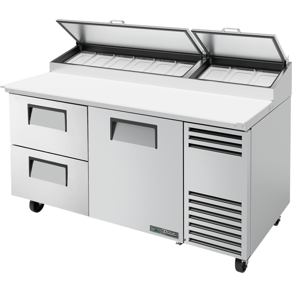 True TPP-AT-67D-2-HC Solid Door & Drawers Pizza Prep Table with Angled Top