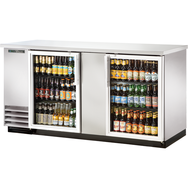 True TBB-3G-S-HC-LD Glass Swing Door Stainless Steel Back Bar Cooler with LED Lighting