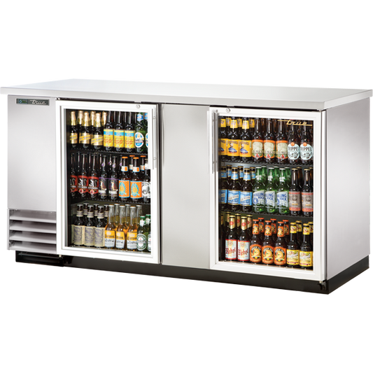 True TBB-3G-S-HC-LD Glass Swing Door Stainless Steel Back Bar Cooler with LED Lighting