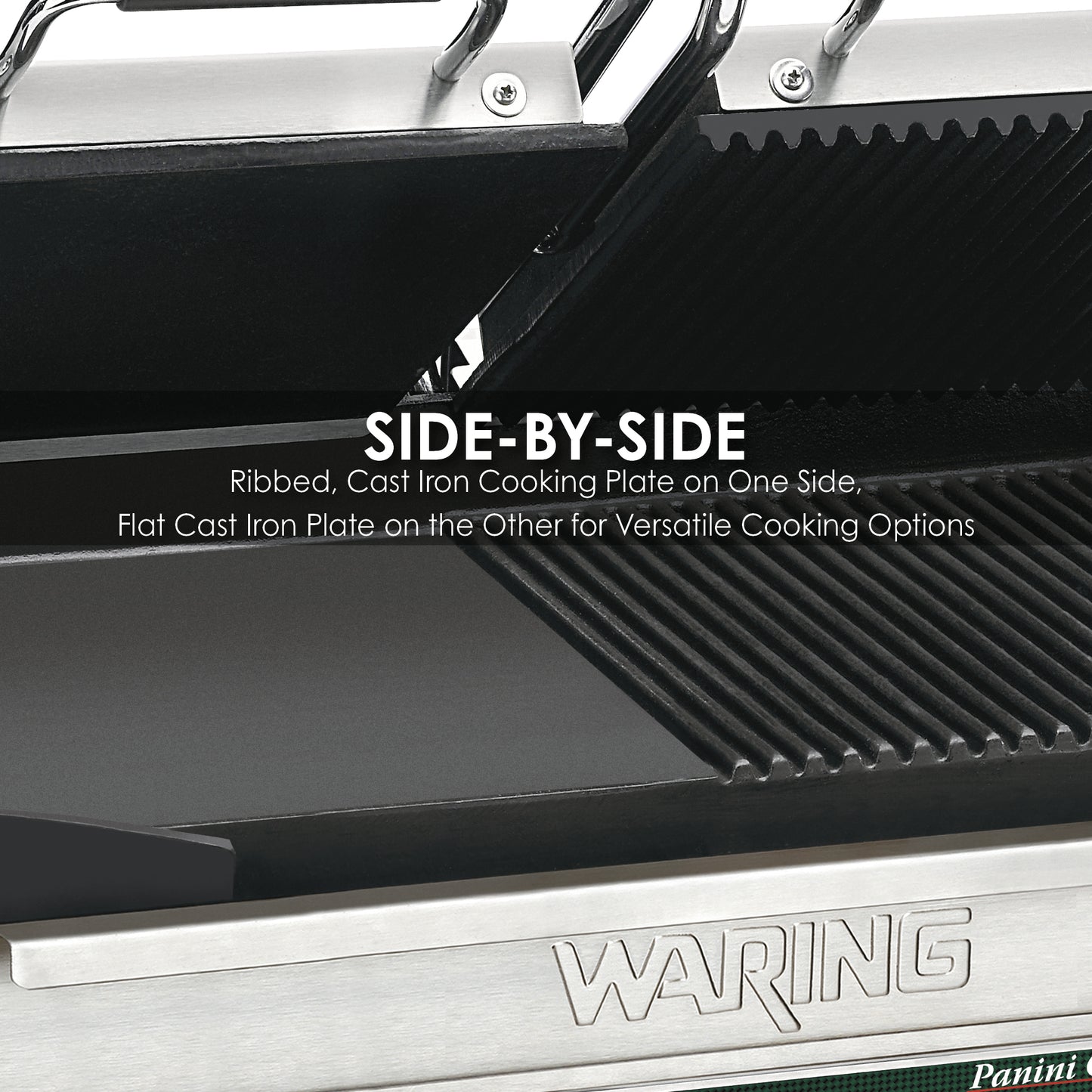 Waring WDG300 Dual Grill — Half Panini and Half Flat Grill — 240V (17" x 9.25" cooking surface)