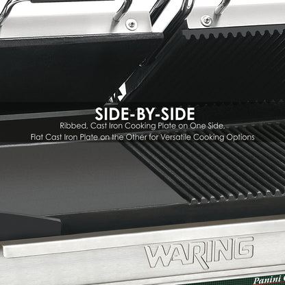 Waring WDG300 Dual Grill — Half Panini and Half Flat Grill — 240V (17" x 9.25" cooking surface)