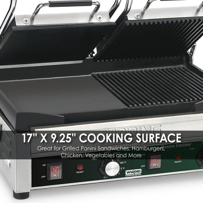 Waring WDG300 Dual Grill — Half Panini and Half Flat Grill — 240V (17" x 9.25" cooking surface)