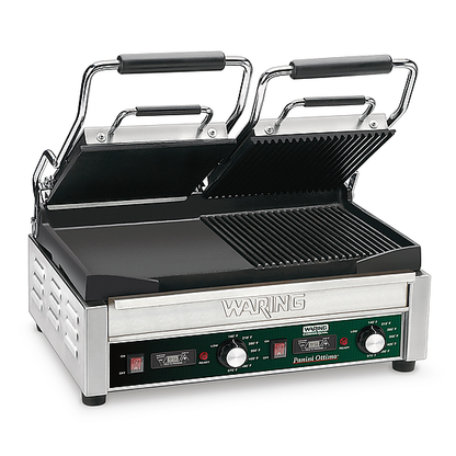 Waring WDG300T Dual Grill — Half Panini and Half Flat Grill with Timer — 240V (17" x 9.25" cooking surface)