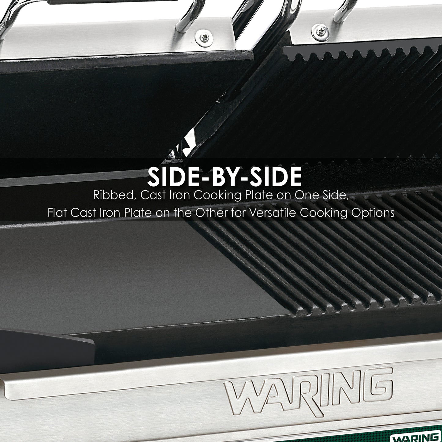 Waring WDG300T Dual Grill — Half Panini and Half Flat Grill with Timer — 240V (17" x 9.25" cooking surface)