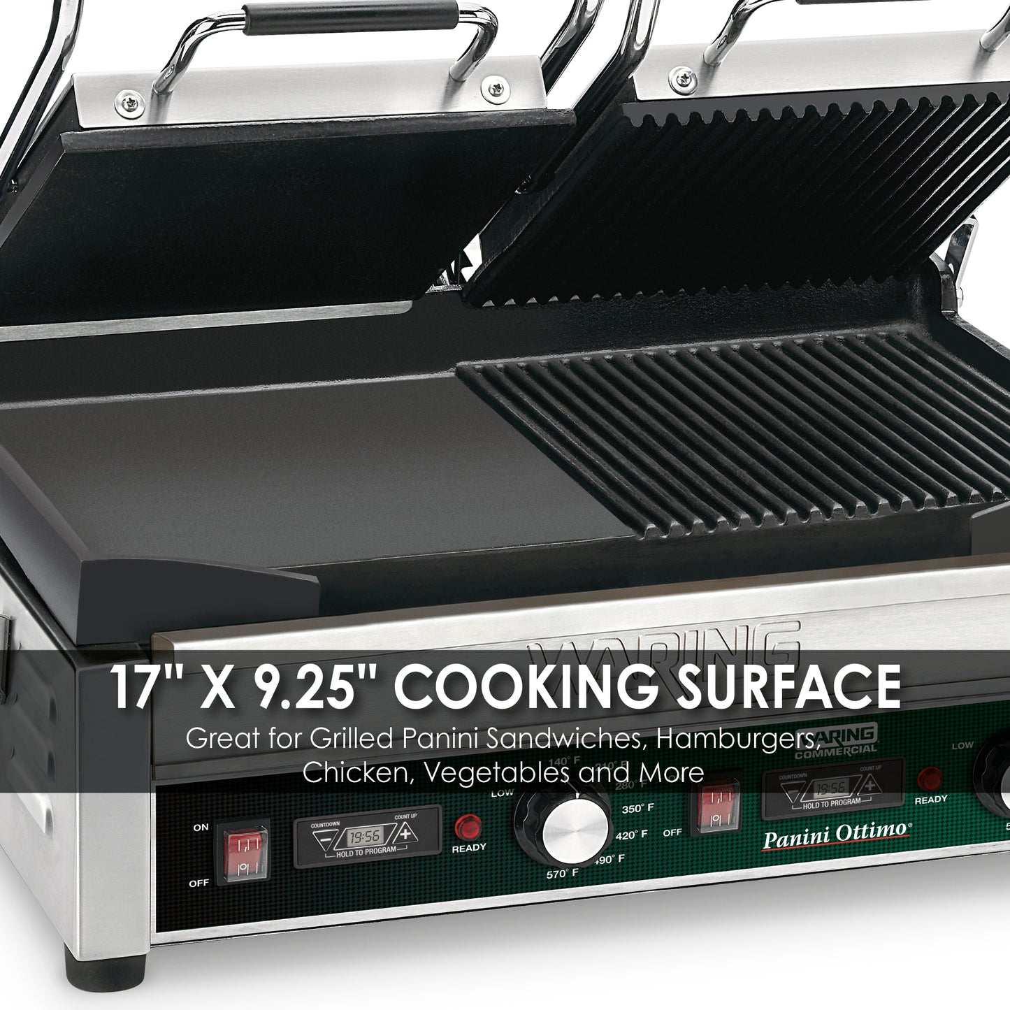 Waring WDG300T Dual Grill — Half Panini and Half Flat Grill with Timer — 240V (17" x 9.25" cooking surface)