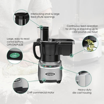 Waring WFP16SCD 4-Qt. Combination Bowl Cutter Mixer and Continuous-Feed with Nylon Dicing and LiquiLock® Seal System