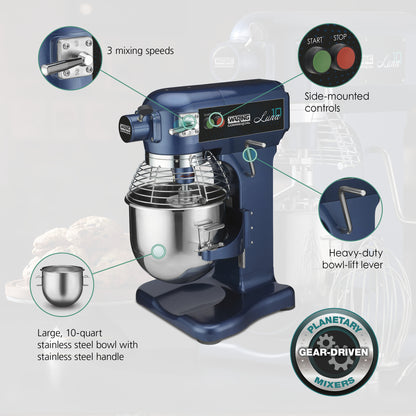 Waring WSM10L Luna 10 - 10- Quart Planetary Mixer, includes Dough Hook, Mixing Paddle & Whisk