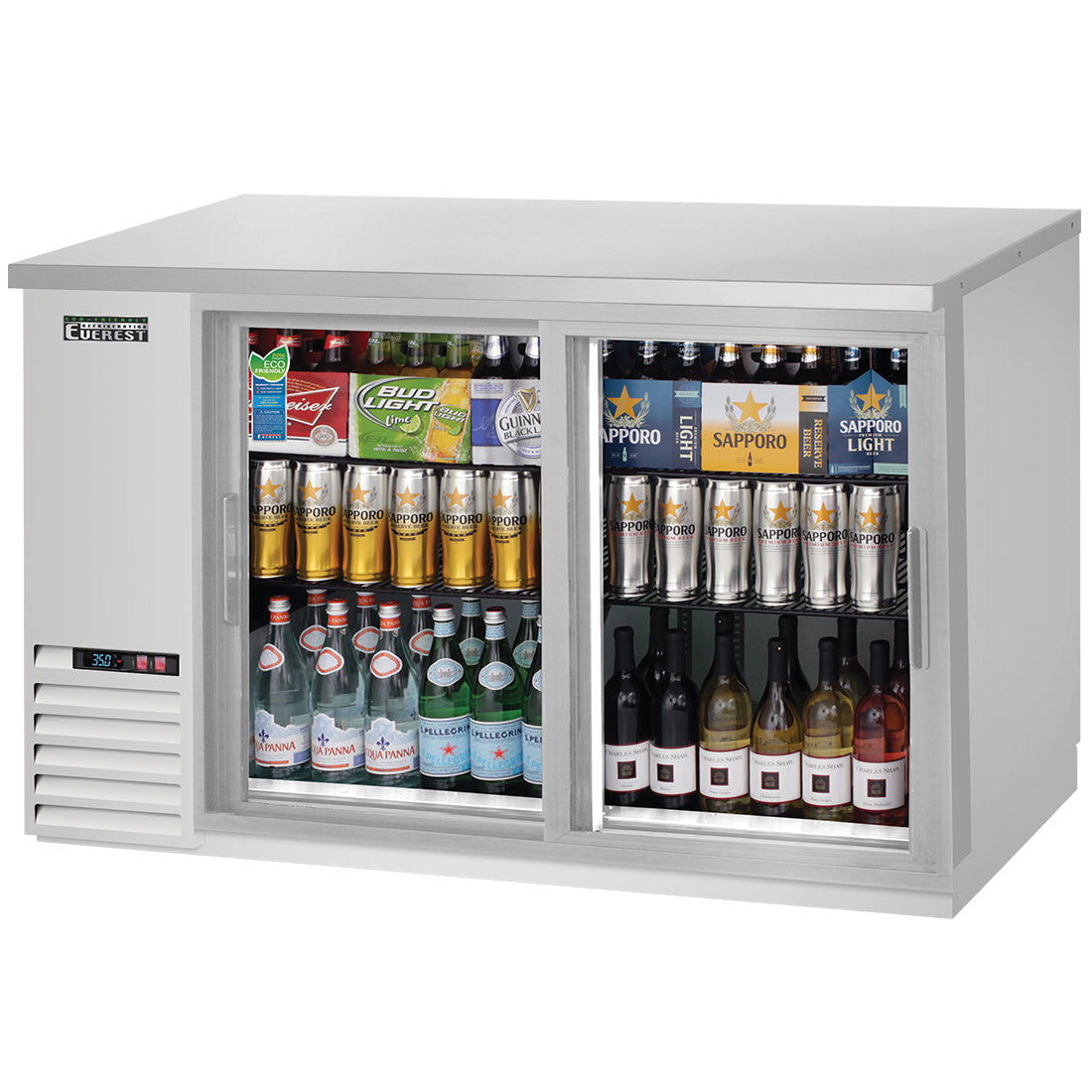 Everest Refrigeration EBB59G-SD-SS 2 Deep Glass Sliding Door Back Bar Cooler, 59" - Stainless Steel Exterior