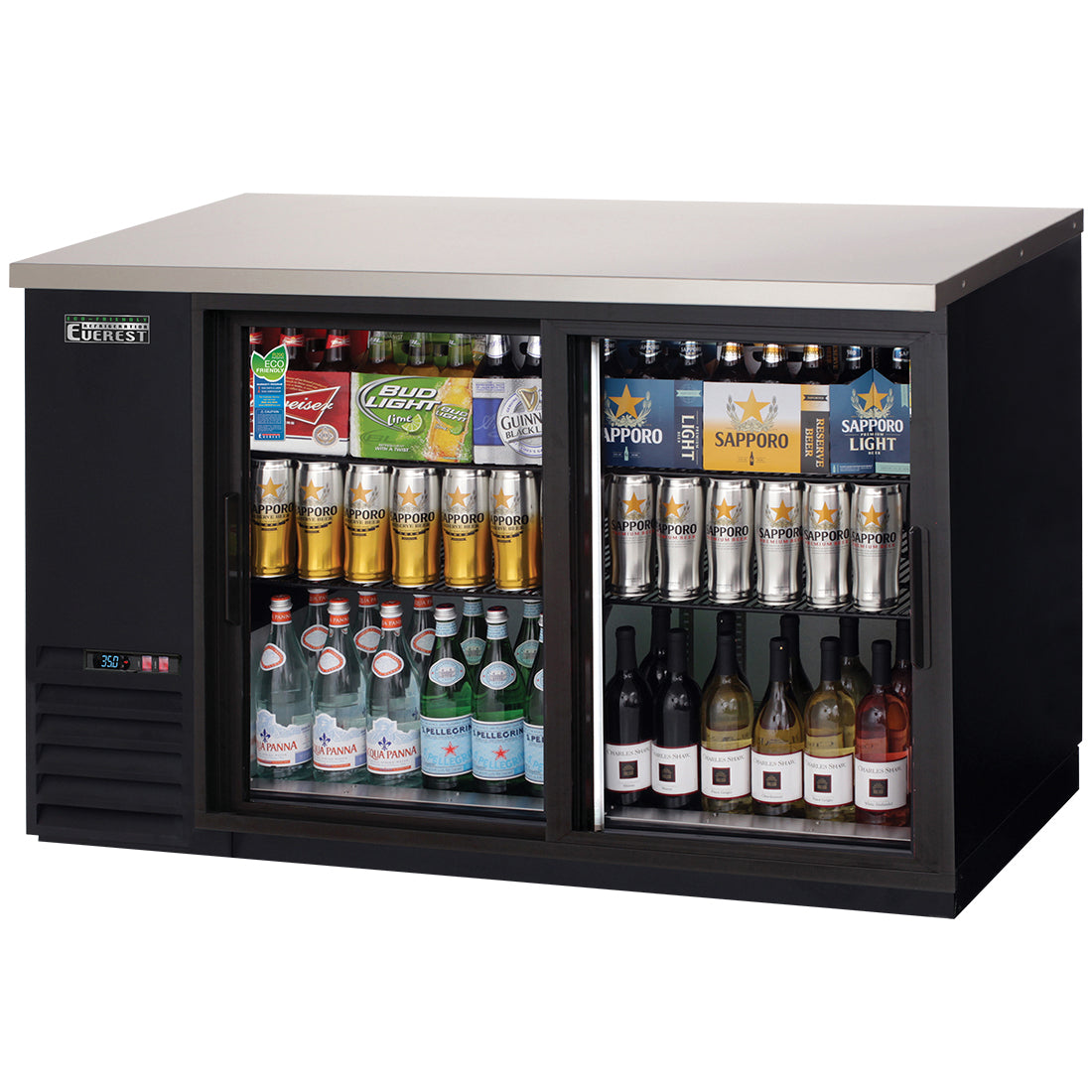 Everest Refrigeration EBB59G-SD 2 Deep Glass Sliding Door Back Bar Cooler, 59" - Black Exterior