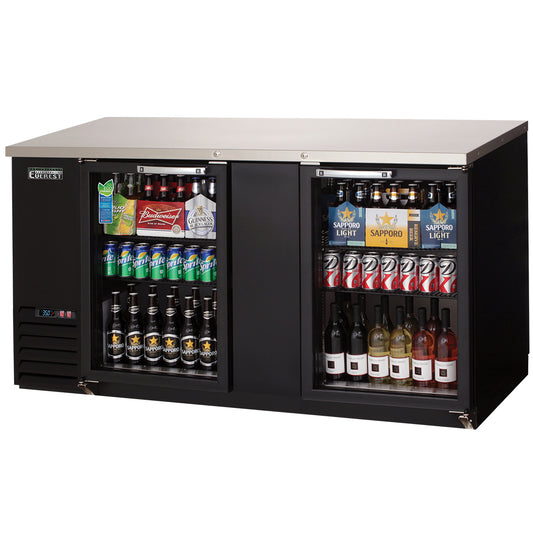 Everest Refrigeration EBB69G-24 2 Glass Door Back Bar Cooler, 69" Length, 24" Depth - Black Exterior