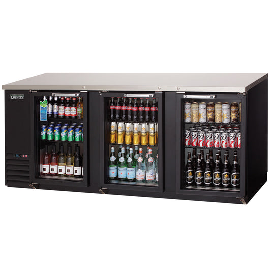 Everest Refrigeration EBB90G-24 3 Glass Door Back Bar Cooler, 90" Length, 24" Depth - Black Exterior