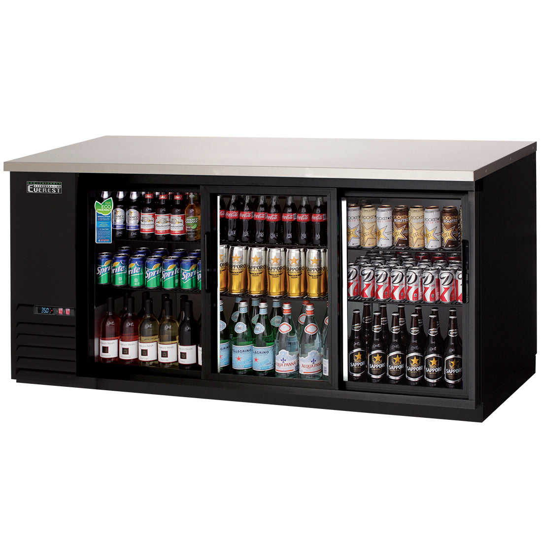 Everest Refrigeration EBB90G-SD 3 Deep Glass Sliding Door Back Bar Cooler, 90" - Black Exterior