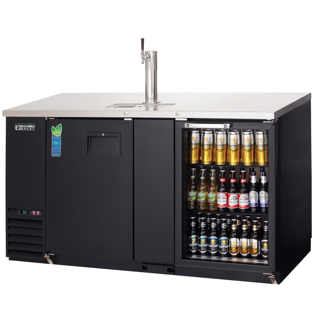 Everest Refrigeration EBD3-BBG-24 2 Door (1 glass) Back Bar & Beer Dispenser, 68" Length, 24" Depth (One 1-Faucet Tower) - Black Exterior