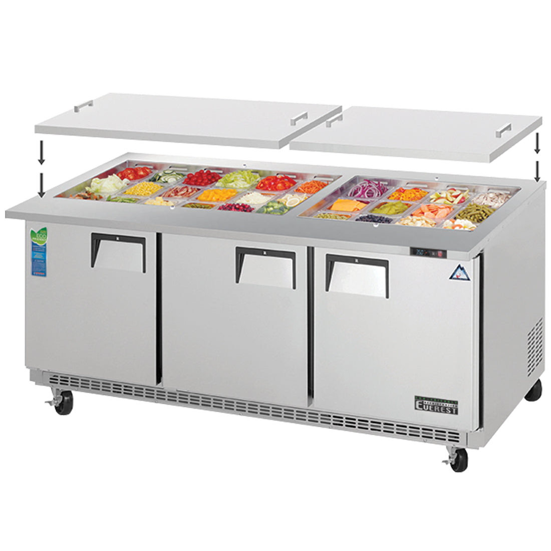 Everest Refrigeration EOTP3 2 Door Open Top Prep Table, 71 1/2" (Mega Top)