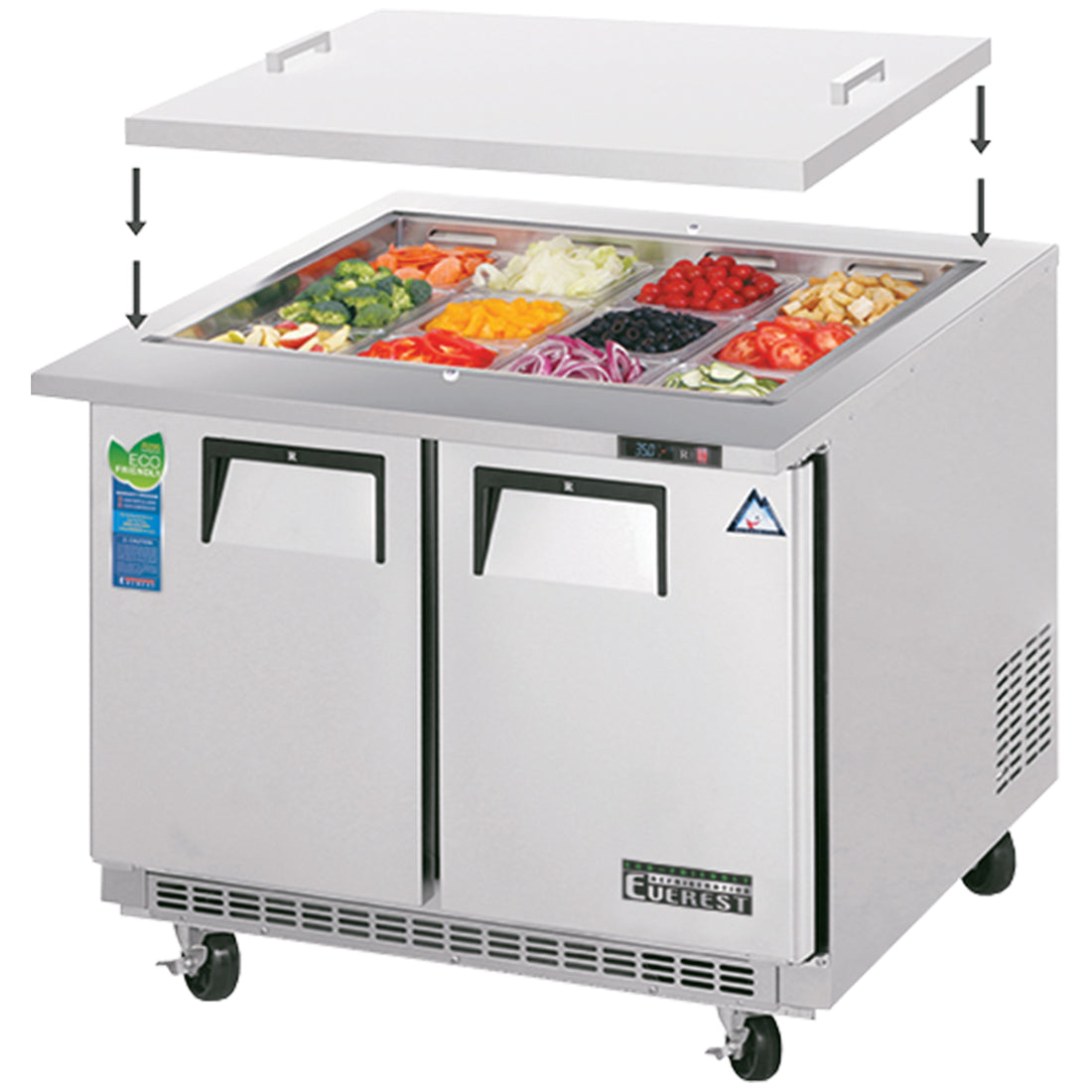 Everest Refrigeration EOTPS2 2 Door Open Top Prep Table, 35 1/2" (Mega Top)