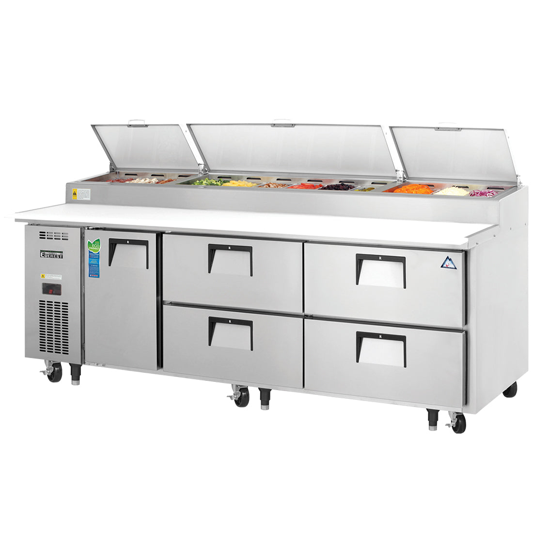 Everest Refrigeration EPPR3-D4 3 Section 1 Door & 4 Drawer Combo Pizza Prep Tables, 93"