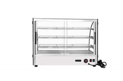 Atosa CHDC-56 Countertop Heated Display Case - Curved, 5.6 Cu Ft w/ 3 SS Shelves w/ 2 Rear Sliding Glass Doors Dimensions: 35-3/8 W * 22-7/8 D * 26-3/4 H