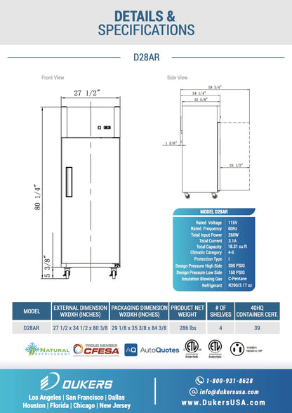 Dukers D28AR Commercial Single Door Top Mount Refrigerator in Stainless Steel