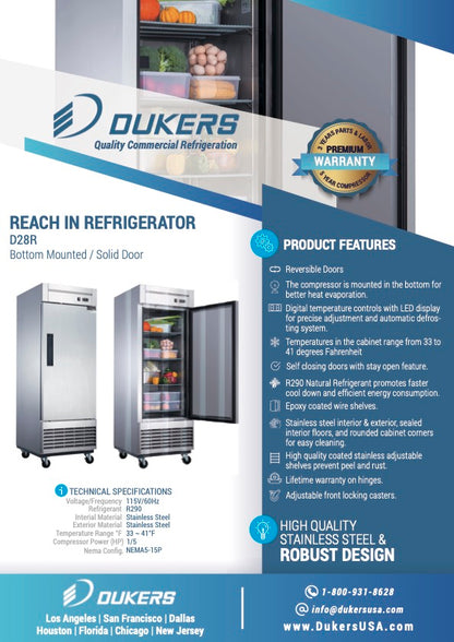 Dukers D28R Single Door Commercial Refrigerator in Stainless Steel