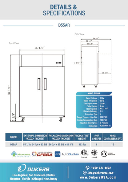 Dukers D55AR Commercial 2-Door Top Mount Refrigerator in Stainless Steel