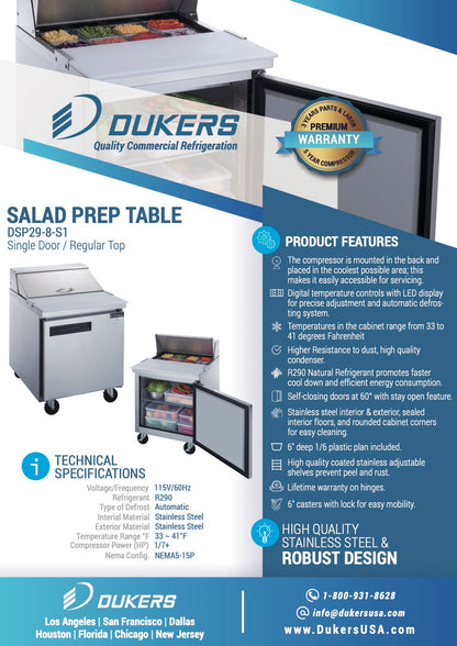 Dukers DSP29-8-S1 1-Door Commercial Food Prep Table Refrigerator in Stainless Steel