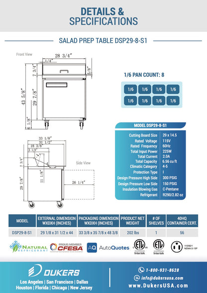 Dukers DSP29-8-S1 1-Door Commercial Food Prep Table Refrigerator in Stainless Steel