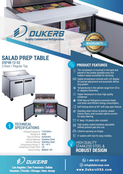 Dukers DSP48-12-S2 2-Door Commercial Food Prep Table Refrigerator in Stainless Steel