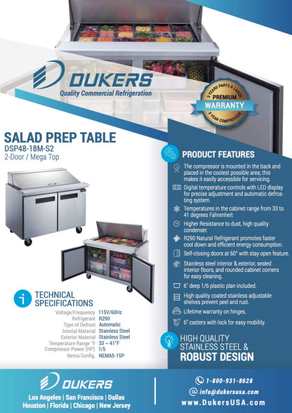 Dukers DSP48-18M-S2 2-Door Commercial Food Prep Table Refrigerator in Stainless Steel with Mega Top