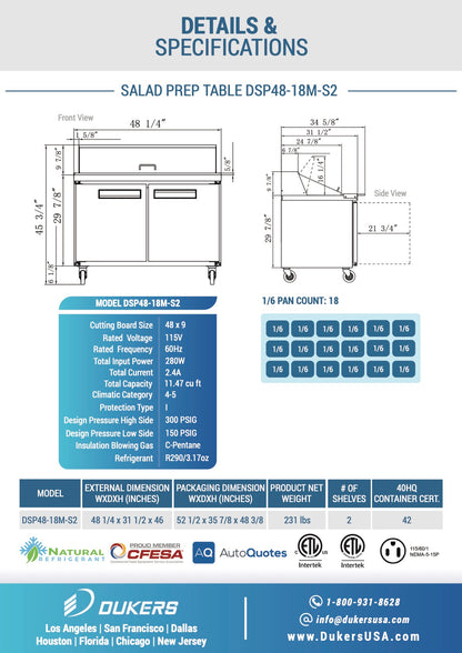 Dukers DSP48-18M-S2 2-Door Commercial Food Prep Table Refrigerator in Stainless Steel with Mega Top